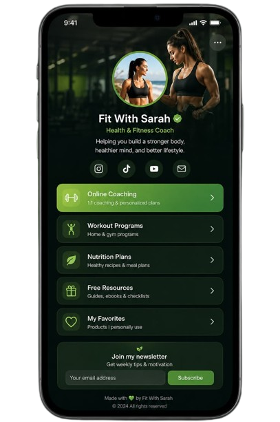 Exemplo de bio site aberto no celular, com botões de links e contatos